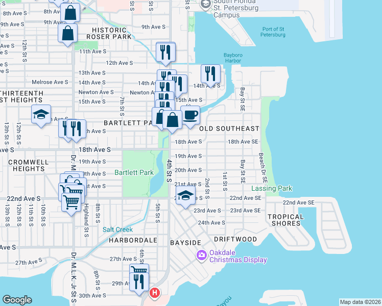 map of restaurants, bars, coffee shops, grocery stores, and more near 250 19th Avenue South in St. Petersburg