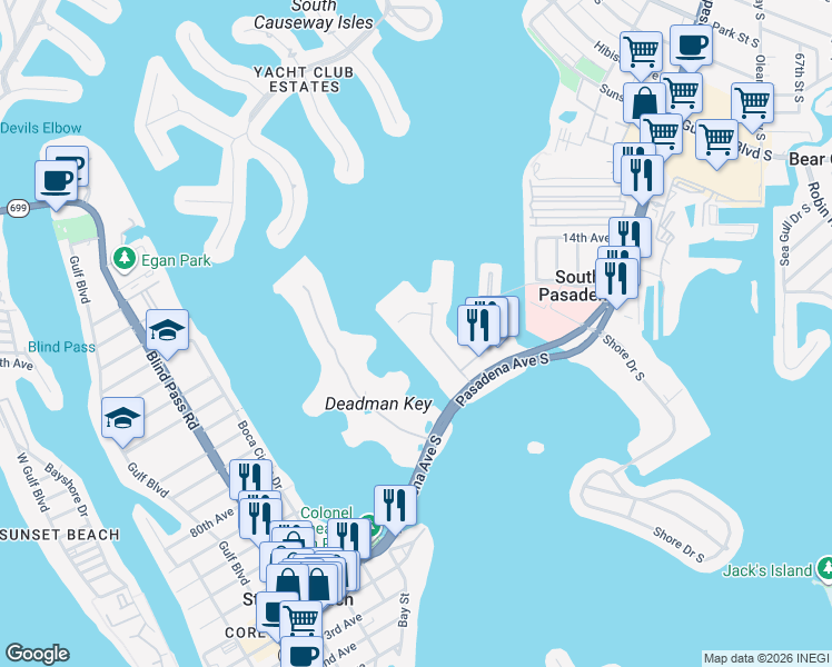 map of restaurants, bars, coffee shops, grocery stores, and more near 7600 Sun Island Drive South in South Pasadena