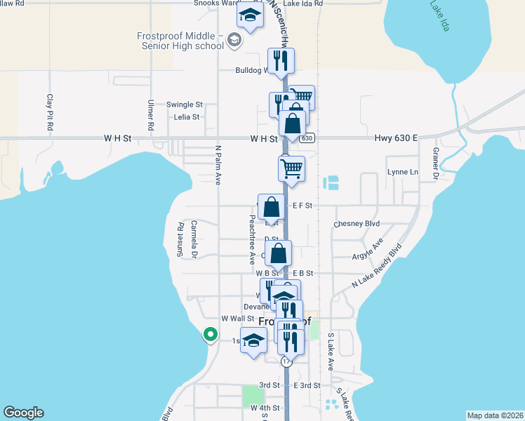map of restaurants, bars, coffee shops, grocery stores, and more near 40 E Street in Frostproof