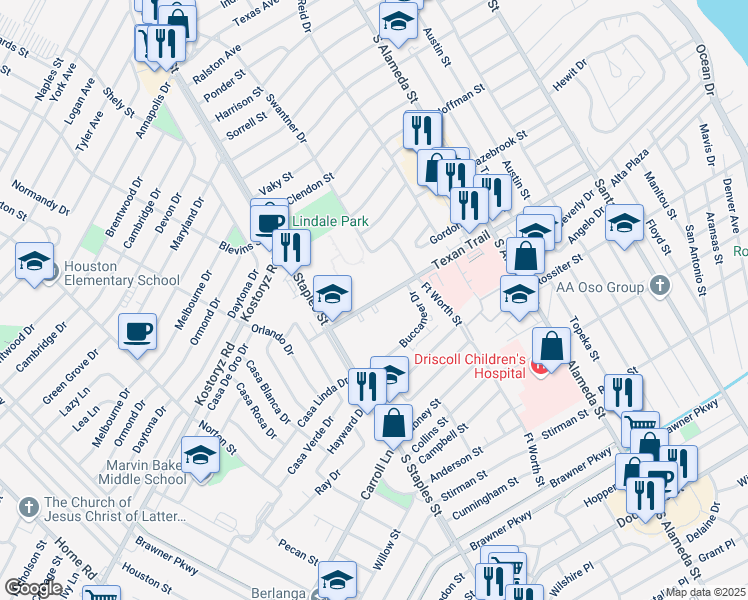map of restaurants, bars, coffee shops, grocery stores, and more near 701 Texan Trail in Corpus Christi
