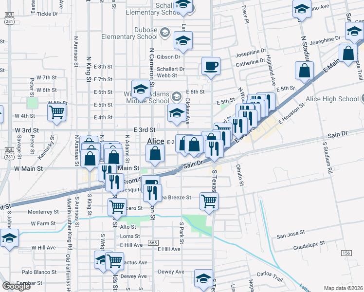 map of restaurants, bars, coffee shops, grocery stores, and more near 913 East 1st Street in Alice