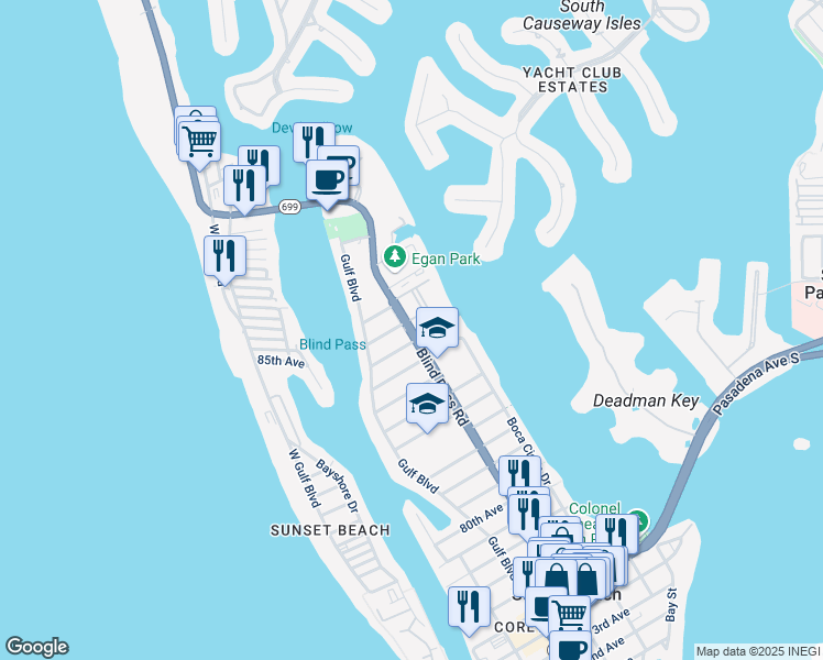 map of restaurants, bars, coffee shops, grocery stores, and more near 8800 Florida 699 in St. Pete Beach