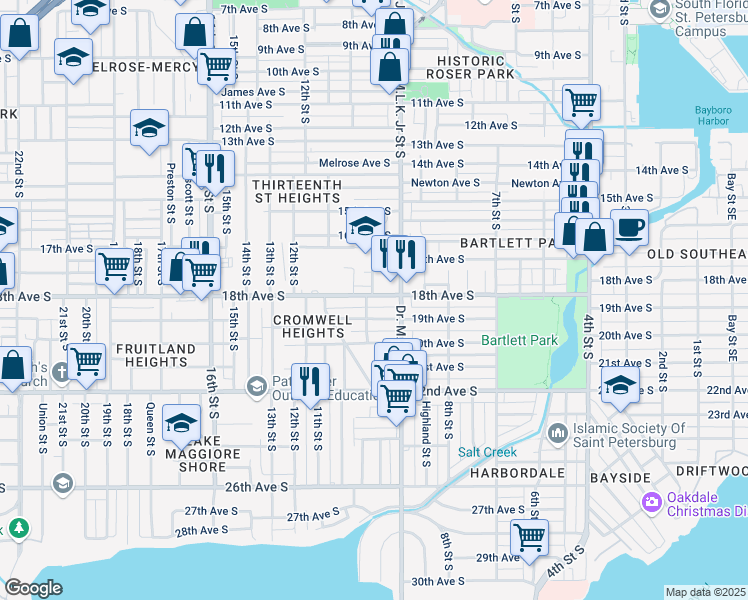map of restaurants, bars, coffee shops, grocery stores, and more near 1831 9th Street South in St. Petersburg