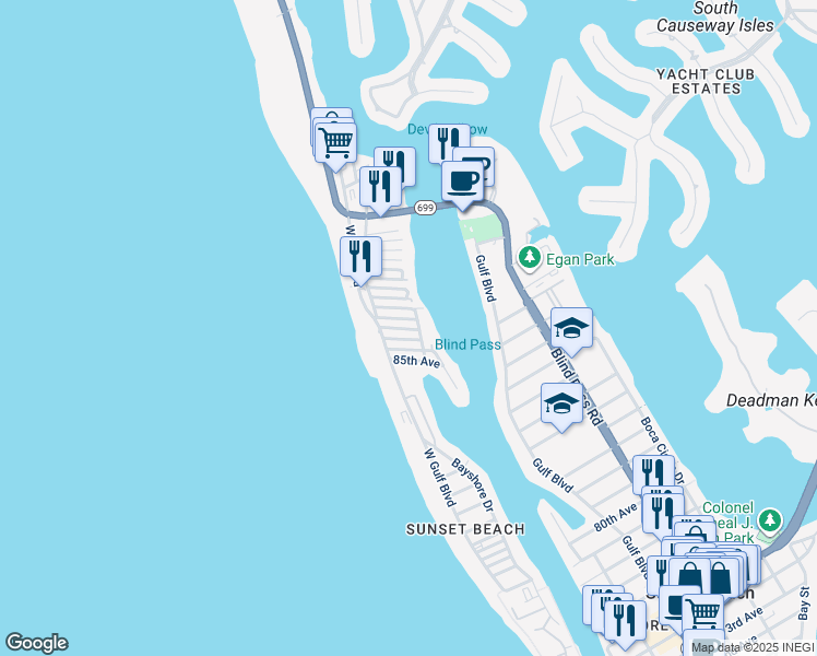 map of restaurants, bars, coffee shops, grocery stores, and more near 105 86th Avenue in Treasure Island