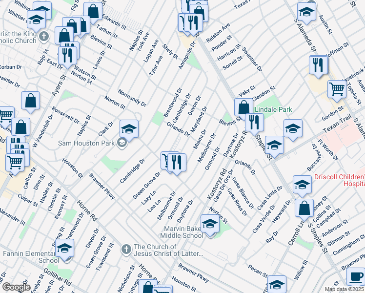 map of restaurants, bars, coffee shops, grocery stores, and more near 1435 Maryland Drive in Corpus Christi