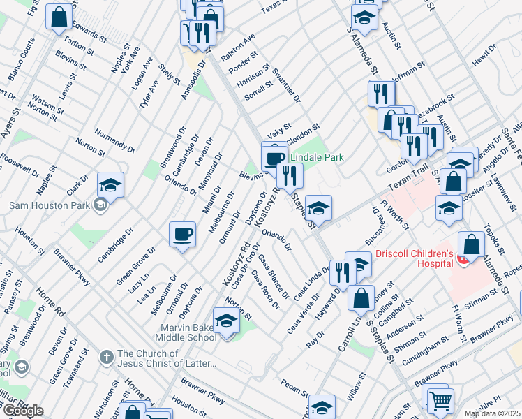 map of restaurants, bars, coffee shops, grocery stores, and more near 1366 Daytona Drive in Corpus Christi