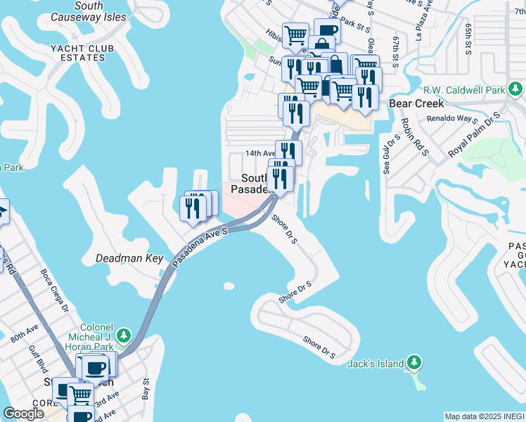 map of restaurants, bars, coffee shops, grocery stores, and more near in South Pasadena