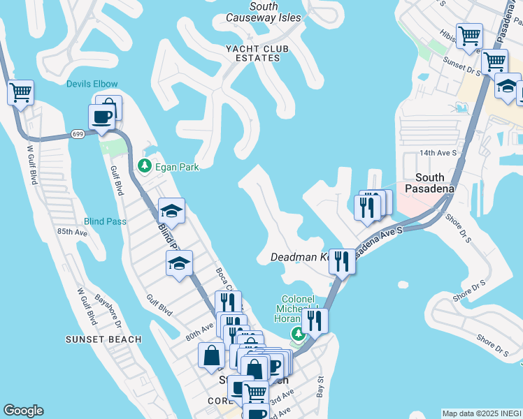 map of restaurants, bars, coffee shops, grocery stores, and more near 8000 Sailboat Key Boulevard South in St. Pete Beach