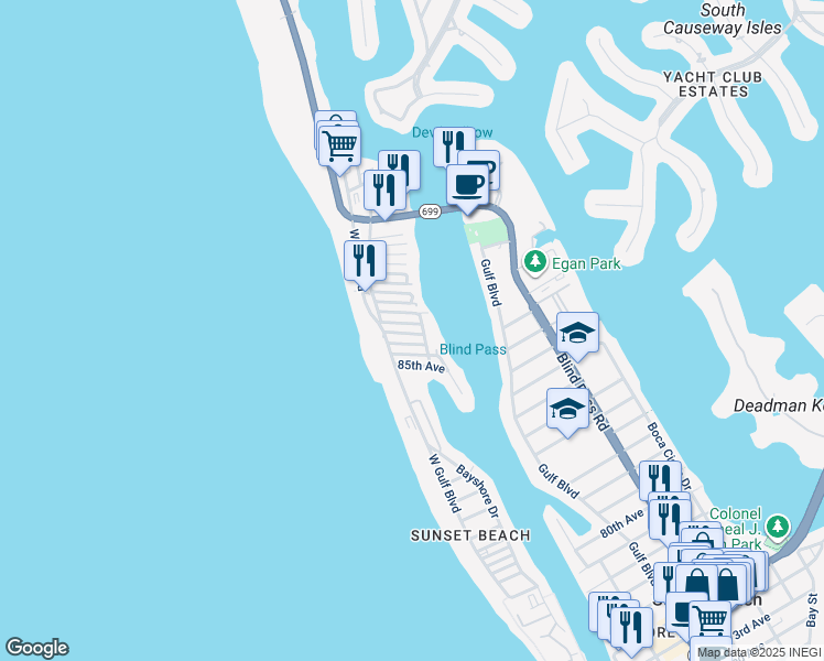 map of restaurants, bars, coffee shops, grocery stores, and more near 134 86th Terrace in Treasure Island
