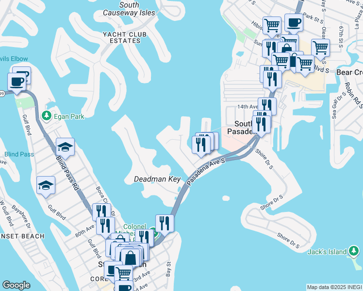 map of restaurants, bars, coffee shops, grocery stores, and more near 7300 Sun Island Drive South in South Pasadena