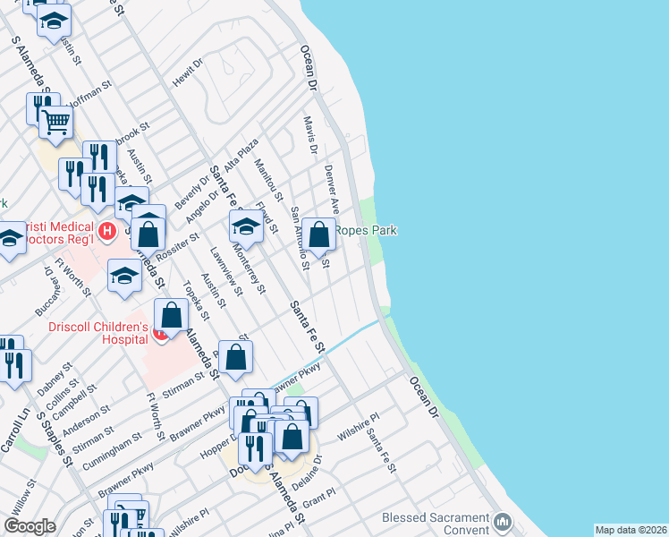 map of restaurants, bars, coffee shops, grocery stores, and more near 144 Ropes Street in Corpus Christi