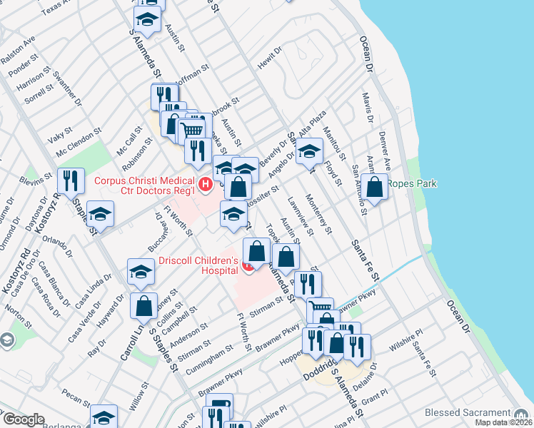 map of restaurants, bars, coffee shops, grocery stores, and more near 3430 South Alameda Street in Corpus Christi