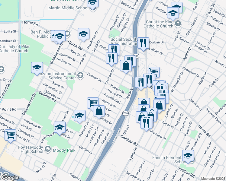 map of restaurants, bars, coffee shops, grocery stores, and more near 2034 Rosalie Boulevard in Corpus Christi