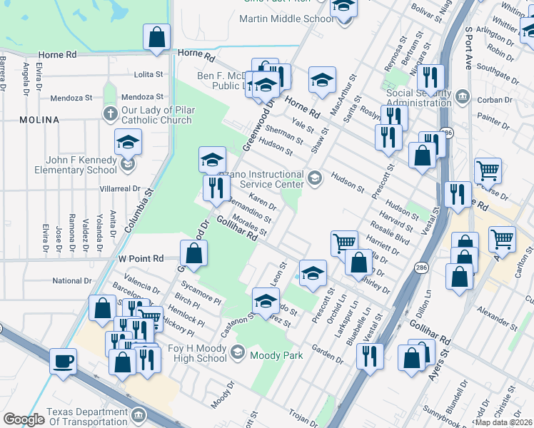 map of restaurants, bars, coffee shops, grocery stores, and more near 1746 Morales Street in Corpus Christi