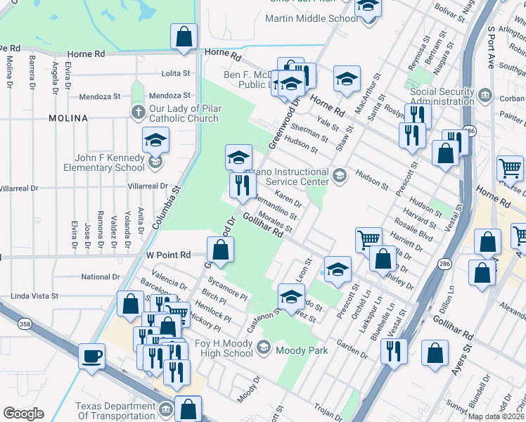 map of restaurants, bars, coffee shops, grocery stores, and more near 1713 Morales Street in Corpus Christi