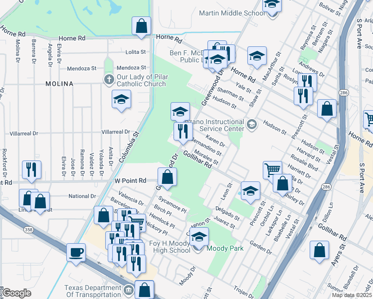 map of restaurants, bars, coffee shops, grocery stores, and more near 1609 Gollihar Road in Corpus Christi