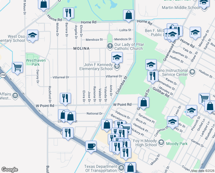 map of restaurants, bars, coffee shops, grocery stores, and more near 4602 Anita Drive in Corpus Christi