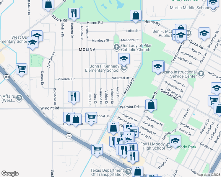 map of restaurants, bars, coffee shops, grocery stores, and more near 4602 Valdez Drive in Corpus Christi