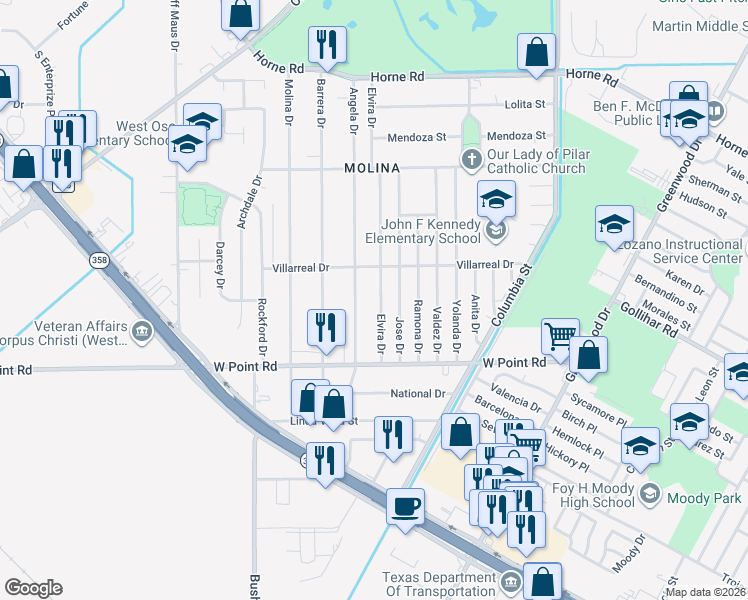map of restaurants, bars, coffee shops, grocery stores, and more near 4601 Elvira Drive in Corpus Christi