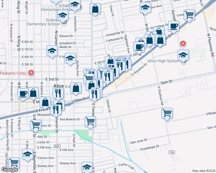 map of restaurants, bars, coffee shops, grocery stores, and more near 1116 East Main Street in Alice
