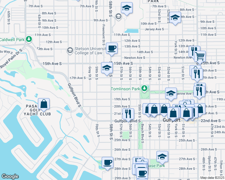 map of restaurants, bars, coffee shops, grocery stores, and more near 5718 Tangerine Avenue South in Gulfport
