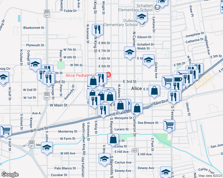 map of restaurants, bars, coffee shops, grocery stores, and more near in Alice