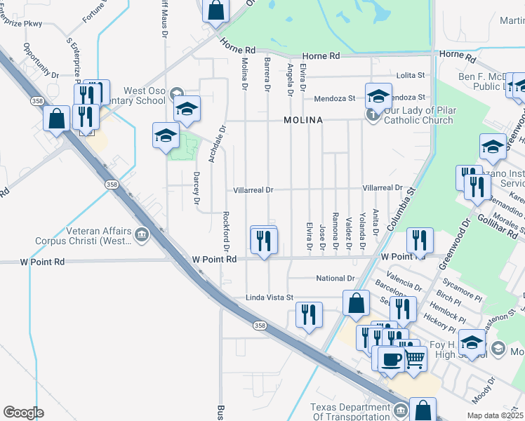 map of restaurants, bars, coffee shops, grocery stores, and more near 4550 Molina Drive in Corpus Christi