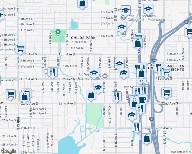map of restaurants, bars, coffee shops, grocery stores, and more near 3820 18th Avenue South in St. Petersburg