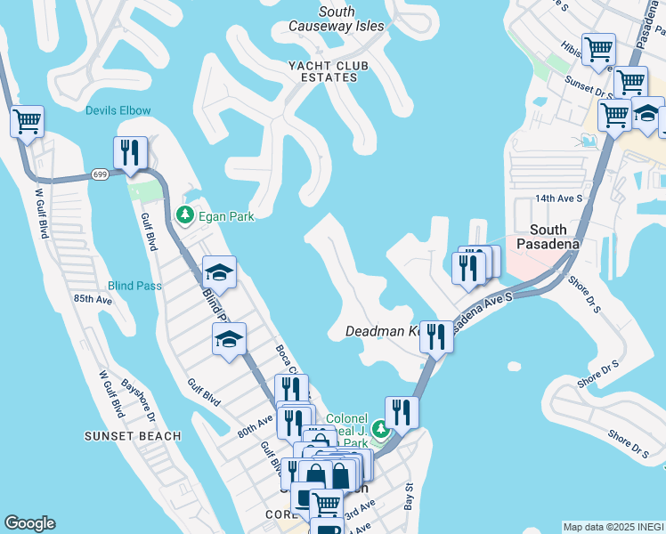 map of restaurants, bars, coffee shops, grocery stores, and more near 8000 Sailboat Key Boulevard South in St. Pete Beach