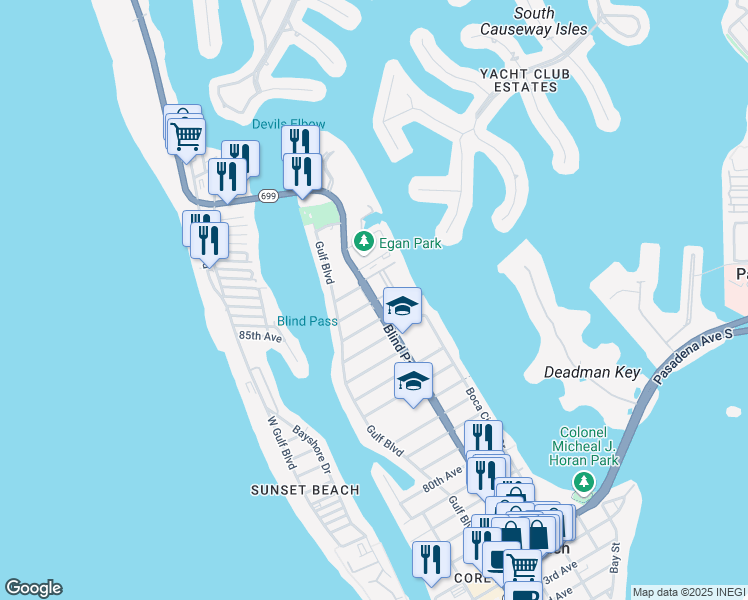map of restaurants, bars, coffee shops, grocery stores, and more near 8800 Florida 699 in St. Pete Beach