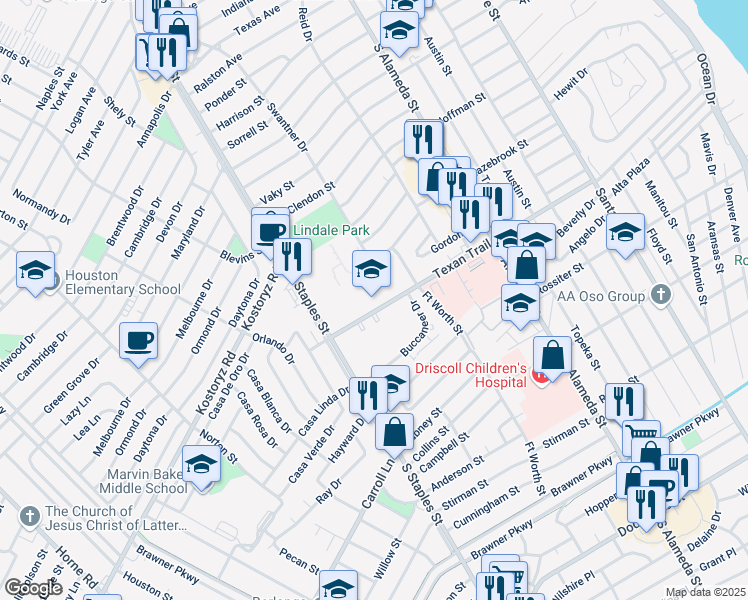 map of restaurants, bars, coffee shops, grocery stores, and more near 701-1199 Texan Trail in Corpus Christi