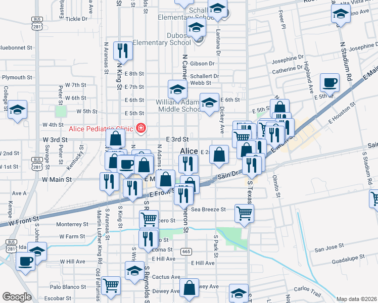 map of restaurants, bars, coffee shops, grocery stores, and more near 111 North Adams Street in Alice
