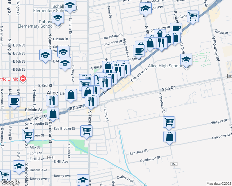 map of restaurants, bars, coffee shops, grocery stores, and more near 1208 East Houston Street in Alice