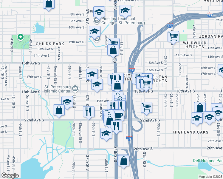 map of restaurants, bars, coffee shops, grocery stores, and more near 1801 34th Street South in St. Petersburg