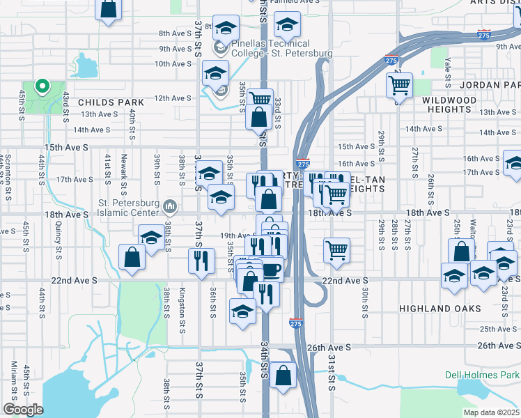 map of restaurants, bars, coffee shops, grocery stores, and more near 1801 34th Street South in Saint Petersburg