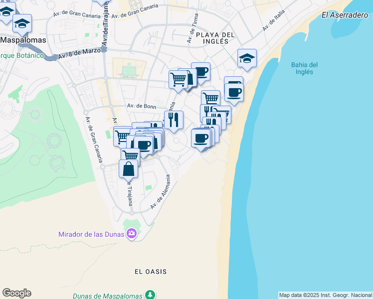 map of restaurants, bars, coffee shops, grocery stores, and more near 18 Calle Roma in San Bartolomé de Tirajana