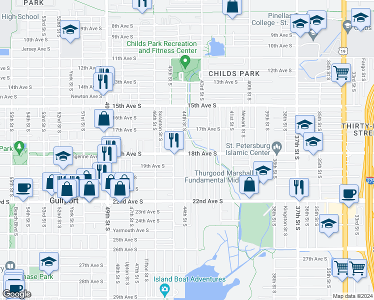 map of restaurants, bars, coffee shops, grocery stores, and more near 1790 44th Street South in Saint Petersburg