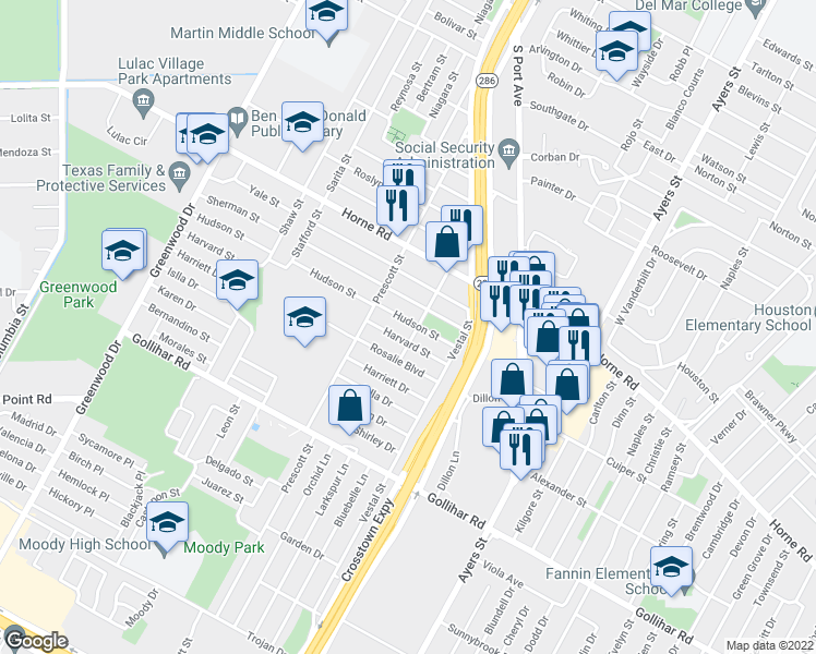 map of restaurants, bars, coffee shops, grocery stores, and more near 2037 Hudson Street in Corpus Christi