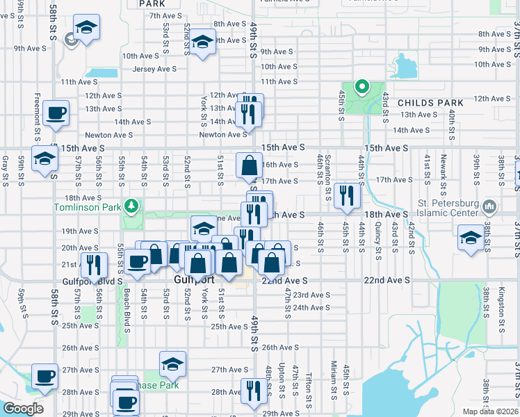 map of restaurants, bars, coffee shops, grocery stores, and more near 1830 49th Street South in Gulfport