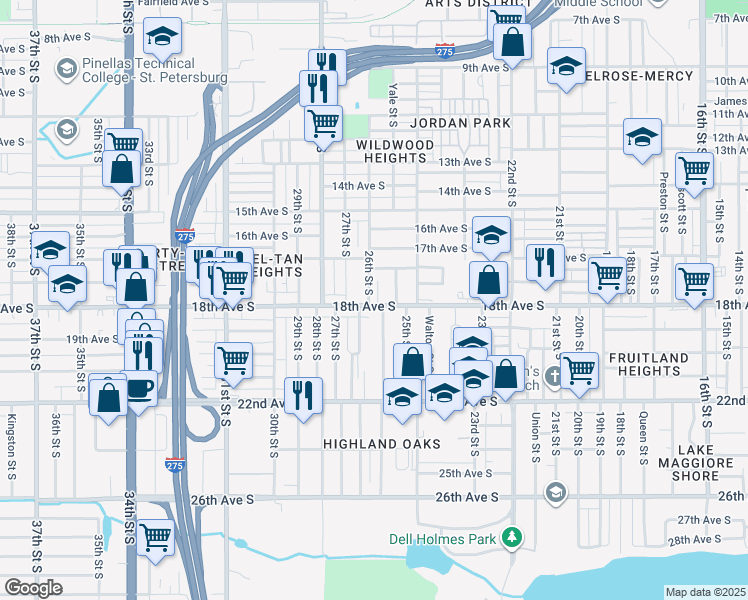 map of restaurants, bars, coffee shops, grocery stores, and more near 1739 26th Street South in St. Petersburg