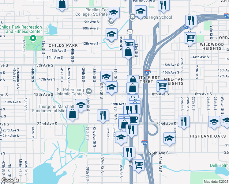 map of restaurants, bars, coffee shops, grocery stores, and more near 3505 18th Avenue South in St. Petersburg