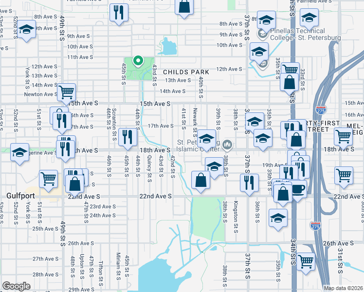 map of restaurants, bars, coffee shops, grocery stores, and more near 1748 41st Street South in St. Petersburg