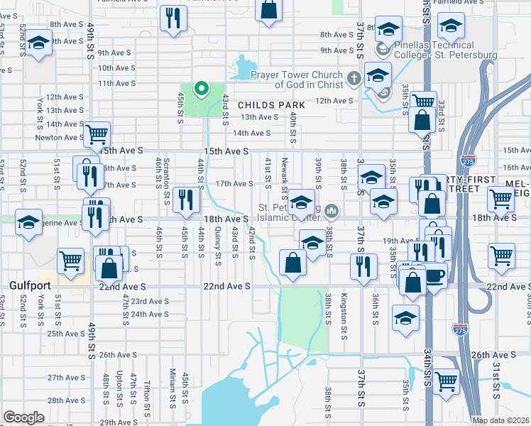 map of restaurants, bars, coffee shops, grocery stores, and more near 4105 18th Avenue South in St. Petersburg