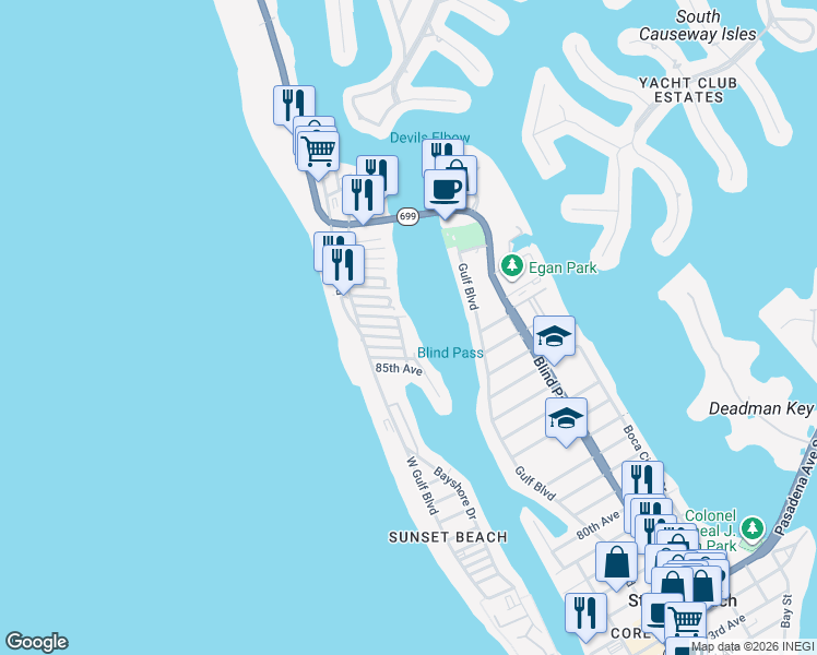 map of restaurants, bars, coffee shops, grocery stores, and more near 8685 East Bay Drive in Treasure Island
