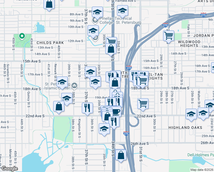 map of restaurants, bars, coffee shops, grocery stores, and more near 3427 Queensboro Avenue South in St. Petersburg