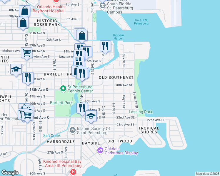 map of restaurants, bars, coffee shops, grocery stores, and more near 116 18th Avenue South in Saint Petersburg