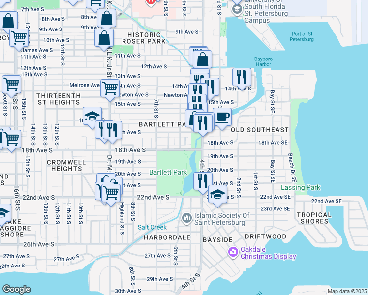 map of restaurants, bars, coffee shops, grocery stores, and more near 1701 4th Street South in St. Petersburg