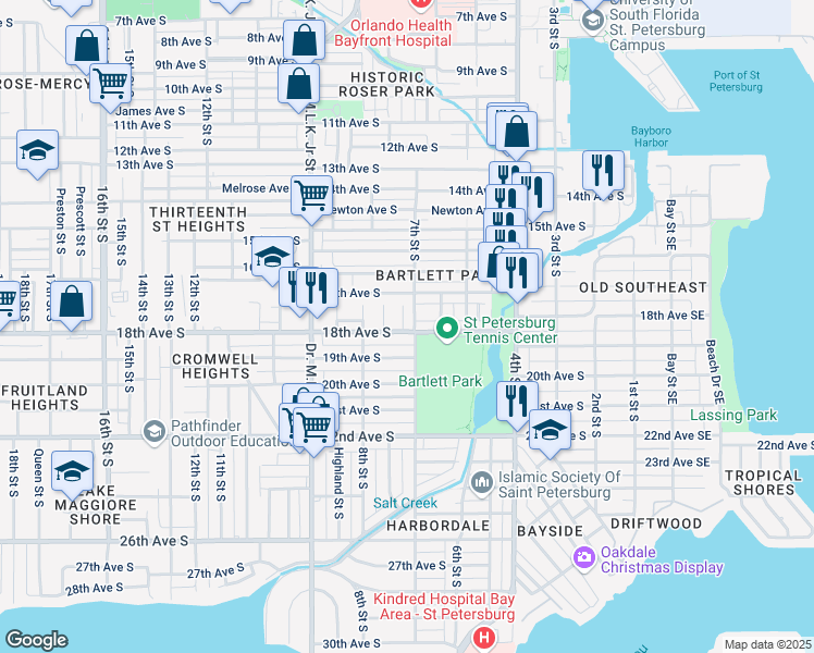 map of restaurants, bars, coffee shops, grocery stores, and more near 1719 Grove Street South in St. Petersburg