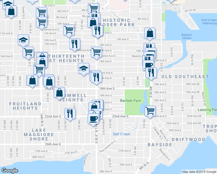map of restaurants, bars, coffee shops, grocery stores, and more near 1720 Highland Street South in St. Petersburg