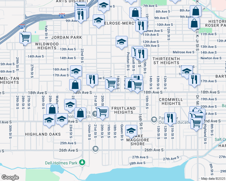 map of restaurants, bars, coffee shops, grocery stores, and more near 1751 19th Street South in St. Petersburg